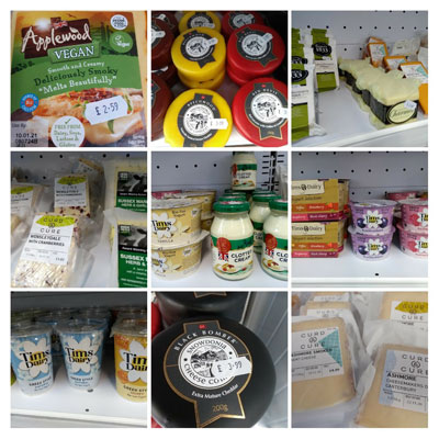 Cheese and dairy on sale at Meadow Grange Nursery, Blean