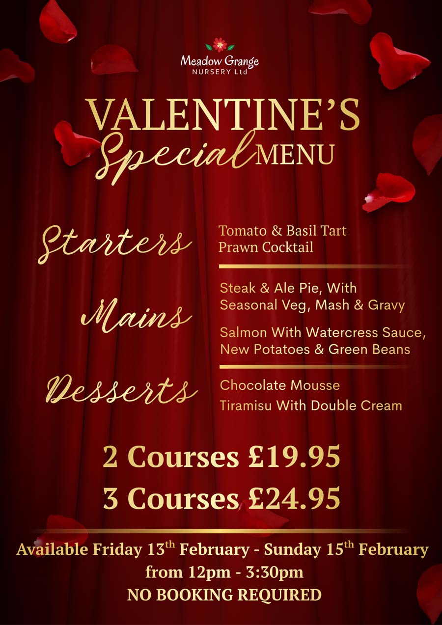 Valentine's set menu at Meadow Grange Nursery near Canterbury and Whitstable
